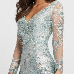 MAC DUGGAL Woman's Long-Sleeve Embellished Lace Sheath Gown in Seamist, Size 18
